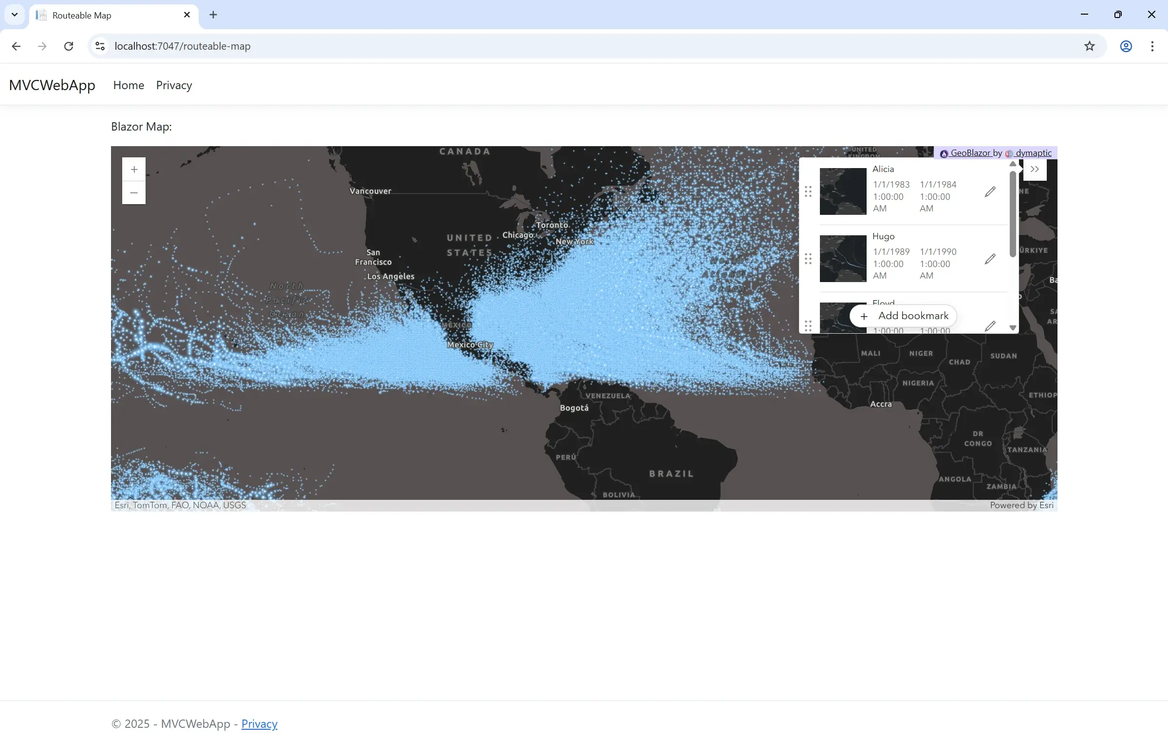 Web browser showing routable map page at /map URL with GeoBlazor map displaying US states on satellite imagery